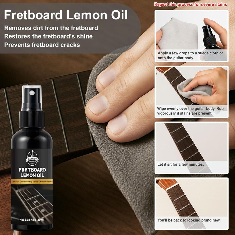 WAN2TLK 8Pcs Guitar Cleaning Kit, Guitar Maintenance Kit Includes Fret Polish, Cleaning Solution, Fretboard Lemon Oil, String Cleaning & Polish, String Cleaner, String Tuner, Masking Tape, 2 Cloth - Image 4
